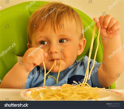 Funny Baby Boy Eating Spaghetti Stock Photo 1401872156 Shutterstock