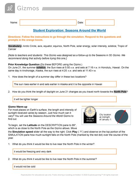 Copy Of Seasons Around World Gizmo Name Date Student Exploration