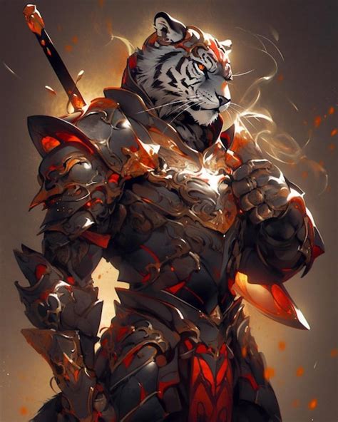 Premium Photo A Tiger In Armor With A Sword In His Hand