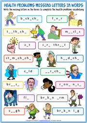 Vocabulary for common health problems, illnesses and symptoms is more easily understood and explained with the aid of images. Health Problems ESL Vocabulary Worksheets