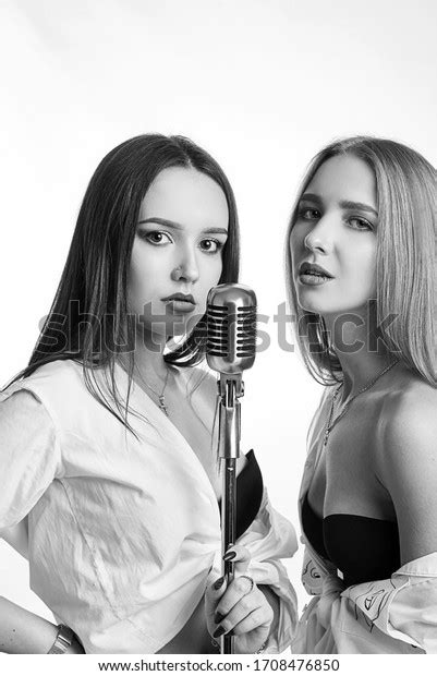 Two Sexy Girls Posing Pro Microphone Stock Photo 1708476850 Shutterstock
