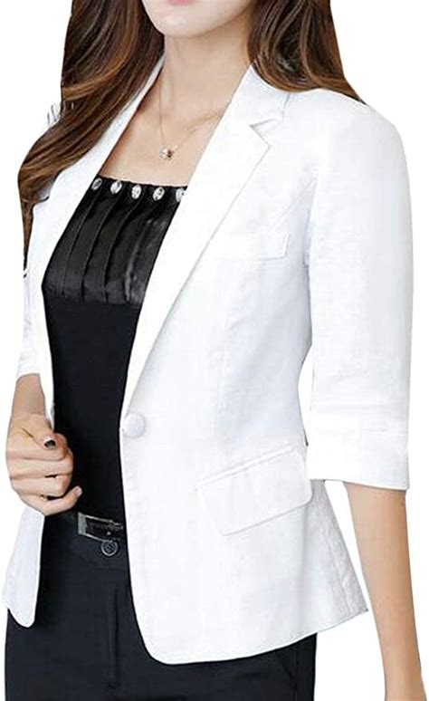 Grmo Women 34 Sleeve Cotton Linen Summer Solid Formal Work Blazer Jacket Suit Coat White L