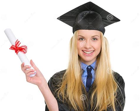Smiling Woman In Graduation Gown Holding Diploma Stock Photo Image Of