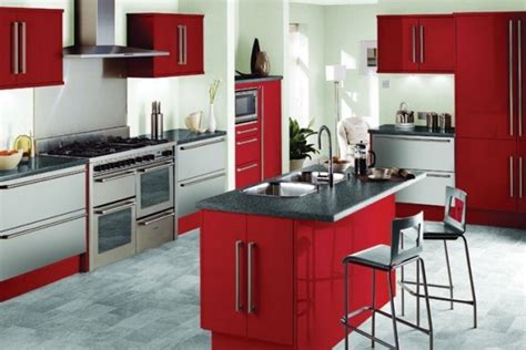 Pakistani Kitchen Design With Small Island And Red Cabinet Paint Colors