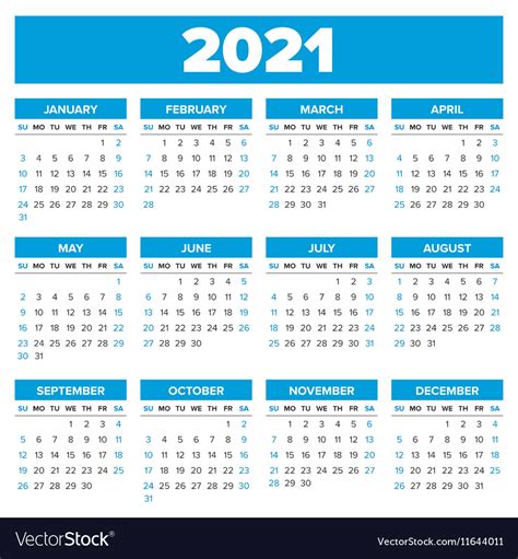 Simple 2021 Year Calendar Royalty Free Vector Image