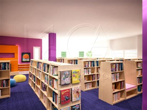 Library Design Colourful Carpet And Walls Help To Brighten This