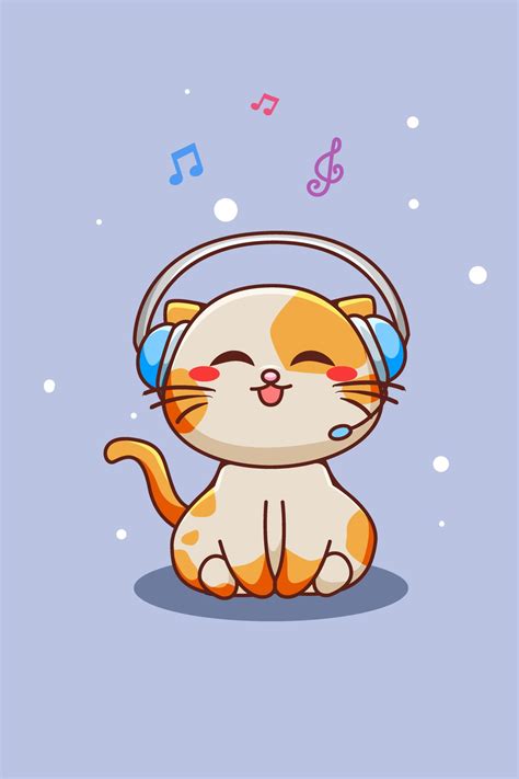 Cute And Happy Cat Listening Music With Headset Cartoon Illustration