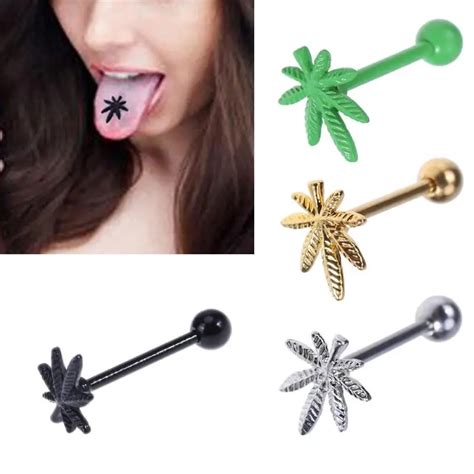 1 Pc Fashion Stainless Steel Leaves Tongue Piercing Studs Piercing