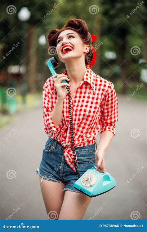 Smiling Pinup Girl With Retro Rotary Phone Stock Image Image Of Model