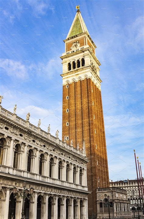Historic Bell Tower In San Marco Containing Aged Architecture And