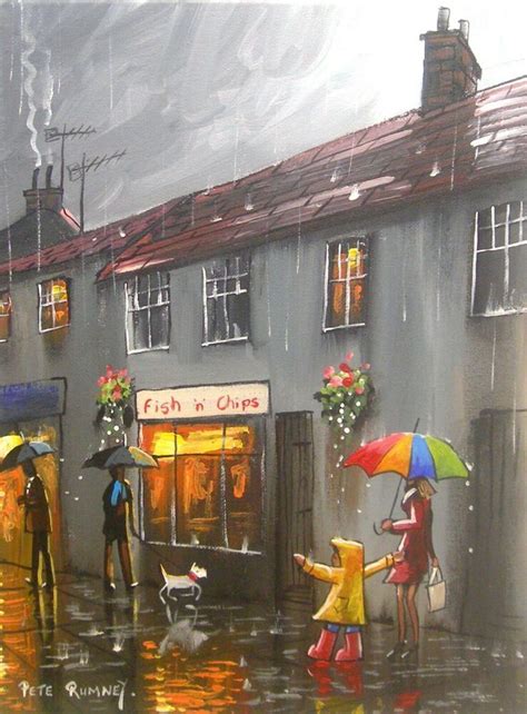 Pete Rumney Art Original Canvas Painting Rainy Day High Street Colour