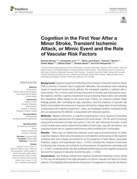 Pdf Cognition In The First Year After A Minor Stroke Transient