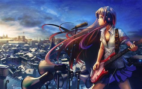 anime girls, Original characters, Skirt, Headphones, Bass guitars ...