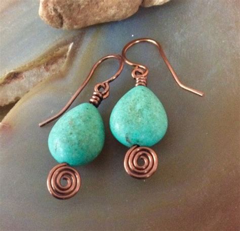Turquoise Teardrop Earrings Antique Copper Wire Work By Sewartzee