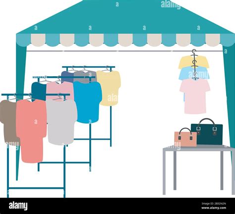 Trade Tent With Clothes Flat Vector Illustration Street Market Fair Awning Outdoor Local