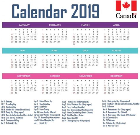 A Calendar For The Country Of Canada With Canadian Flags On It And