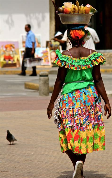 Fruit Basket On Head African Women Colombian Culture Lady