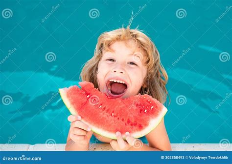 Funny Excited Child Eats Watermelon Near The Pool Stock Image Image
