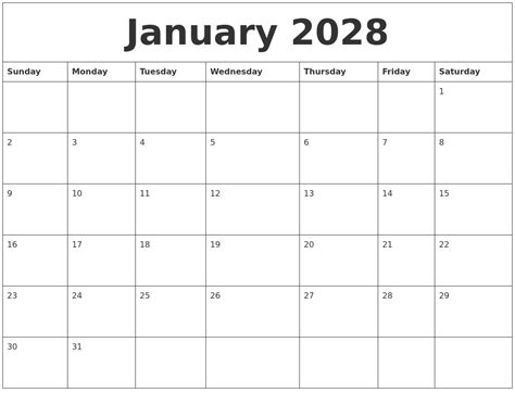 January 2028 Calendar Printables