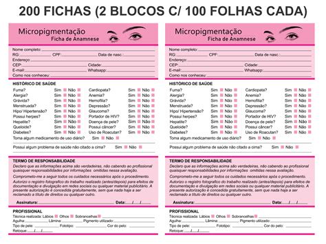 200 Fichas Anamnese Micropigmentação 2 Blocos c 100 Folhas BeeCost
