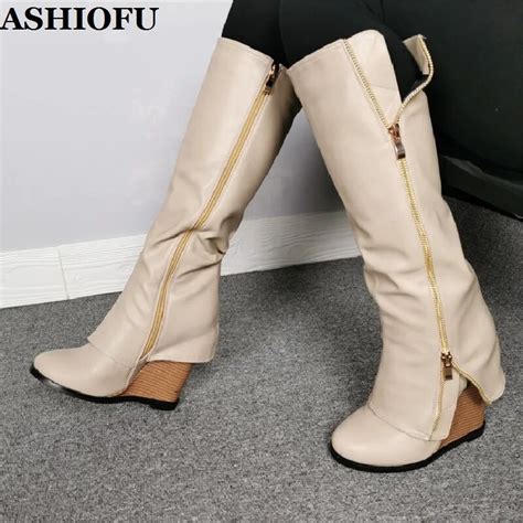 Ashiofu New Hot Style Handmade Women Wadge Heel Boots Sexy Party Prom Knee Boots Large Size