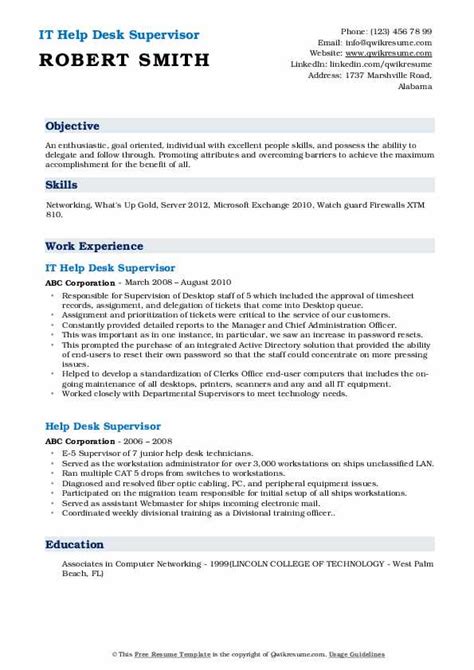This help desk specialist job description template includes key help desk specialist duties and responsibilities. Help Desk Supervisor Resume Samples | QwikResume