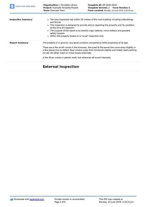 Free Inspection Report Template Word Printable Templates