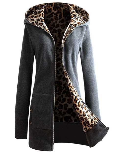 Zipper Leopard Print Casual Hoodie Coat Women Pullover Outwear Women