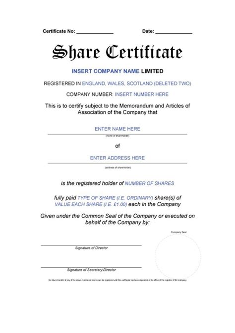 Company Share Certificates Inside Share
