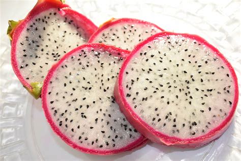 Dragon Fruit Food Exotic Tropical Pink Skin White Inside Black