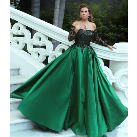 Emerald Green Formal Party Dresses Abiye With Shiny Black Lace Full Sleeves Off Shoulder