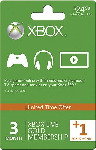 Extra maps, vehicles, songs), trailers, gamer pictures and themes, television shows, music videos, movie rentals, apps and games and more. Best Buy: Microsoft Xbox LIVE Gold 3-Month Membership Card + 1 Bonus Month MICROSOFT