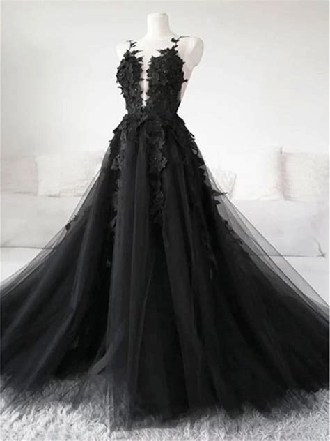 Black Tulle Lace Long Prom Dress Black Evening Dress Morievent