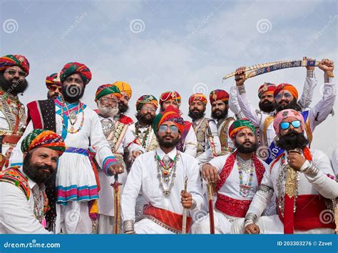 Indian Rajasthani Men With Long Mustaches In National Clothes During Camel Festival In Rajasthan