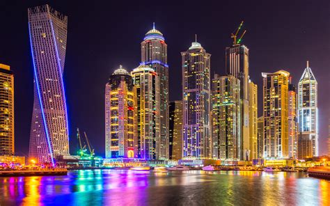 Dubai City Of Skyscrapers Tall Buildings Night Light Port Yachts