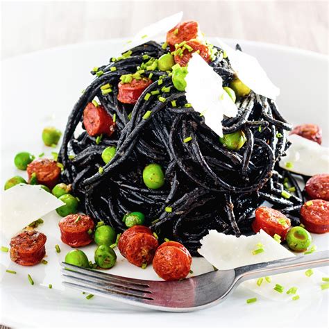 Squid Ink Spaghetti With Pepperoni And Peas Recipe Squid Ink Spaghetti Savoury Food Food