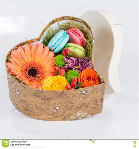 Flower Gerbera And Macaroon In Heart Shaped Box Stock Image Image Of