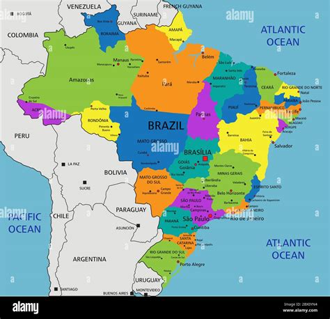 Bunte Politische Landkarte Brasiliens Mit Klar Gekennzeichneten