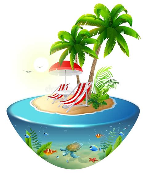 secluded vacation on tropical island two chaise lounge palm tree and underwater world stock