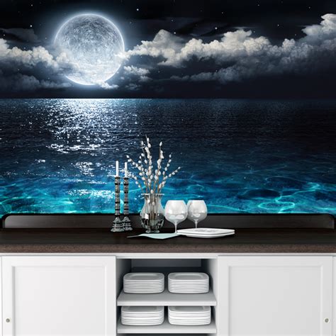 Full Moon Over Ocean At Night Tranquil Beach Wall Mural Seascape Photo