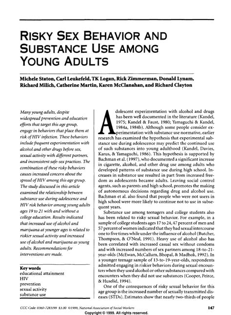 Pdf Risky Sex Behavior And Substance Use Among Young Adults