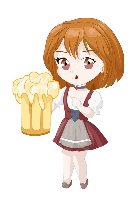 Chibi Anime Brown Hair Girl With Red And Grey Dress With Beer 2162438