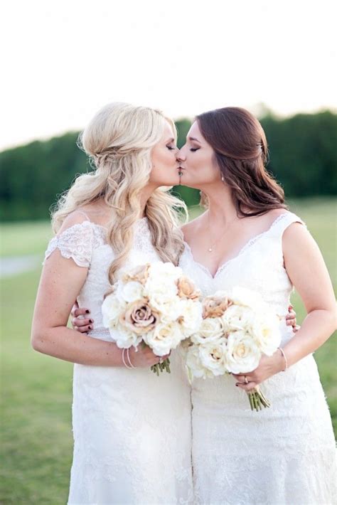 Lesbian Wedding Portrait Two Brides Kissing Louisiana Rustic Diy