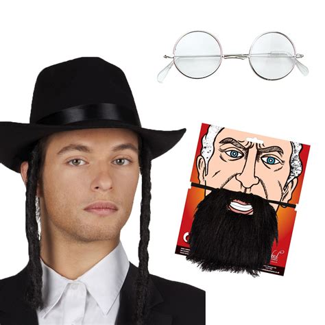 Jewish Rabbi Lot Hat Sideburns Beard Glasses Mens Fancy Dress Accessory