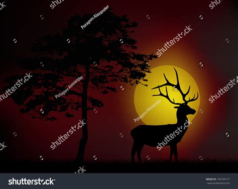 Illustration Pine Deer Silhouettes Sunset Stock Vector Royalty Free