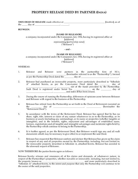 India Property Release Deed By Partner Legal Forms And Business