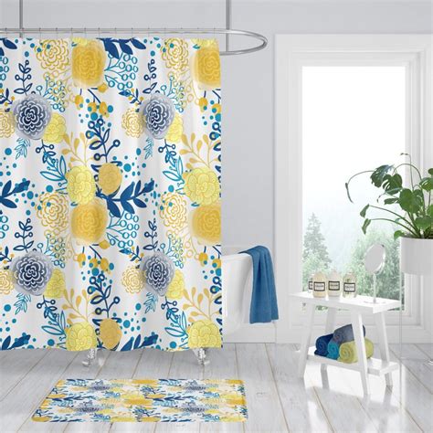 Shower Curtain Floral French Country Yellow And Blue Bath Mat