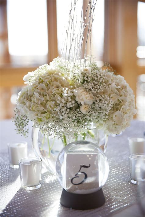 White Hydrangeas With Babies Breath In Rose Bowls Sparkling Winter