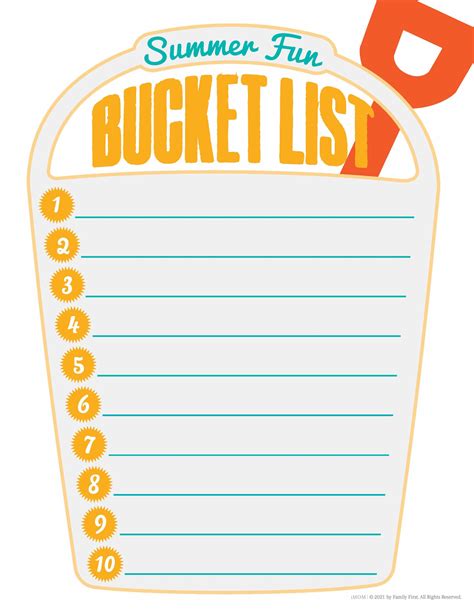 Summer Bucket List Worksheet