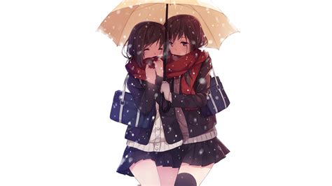 Download 1920x1080 Wallpaper Anime Girls Snowfall Umbrella Original